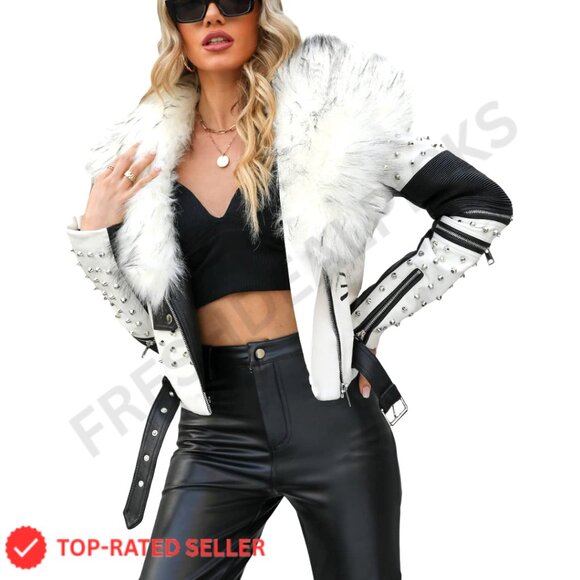 Jackets & Blazers - Faux Leather Jacket Studded Rivet Floral Moto Biker Short Lapel Coat